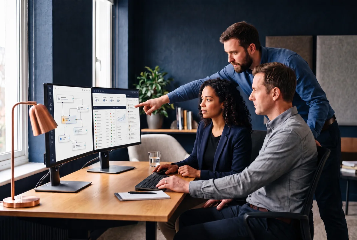 Business team reviewing workflow design and testing software