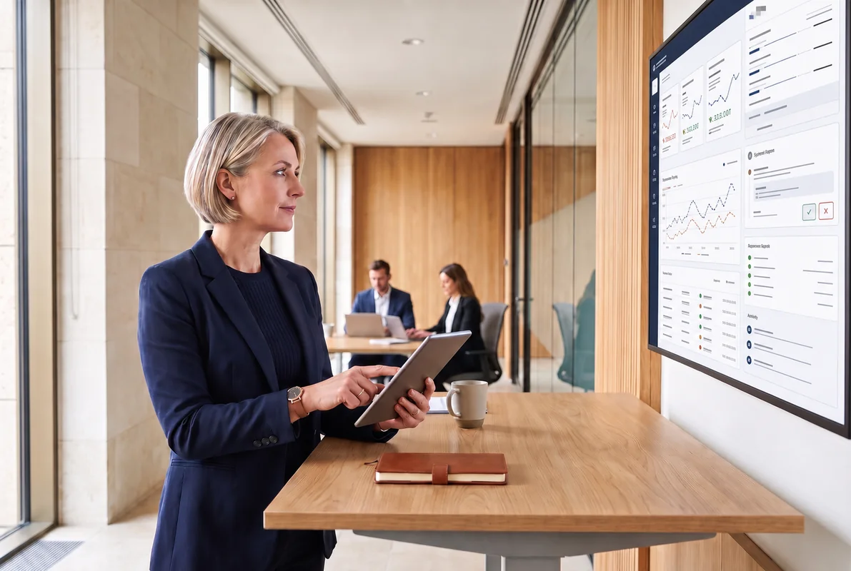 Operations leader reviewing a managed workflow dashboard