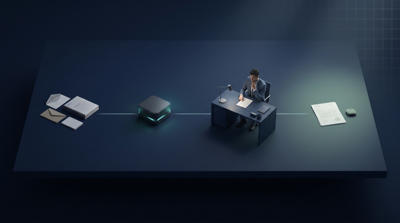 Business work moving through AI preparation, human review, and verified completion